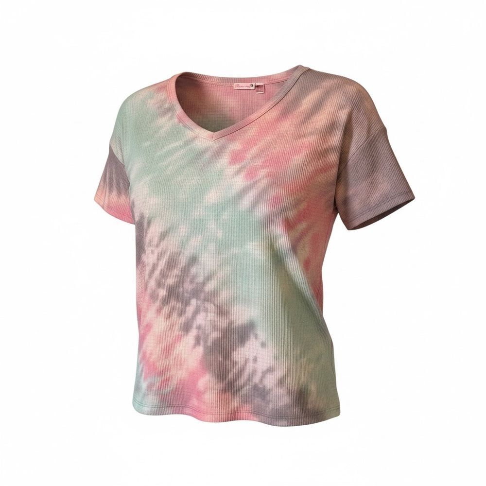 Maronie Pastel Pink Green Gray Tie-Dye Ribbed V-Neck T-Shirt Size M Made in USA